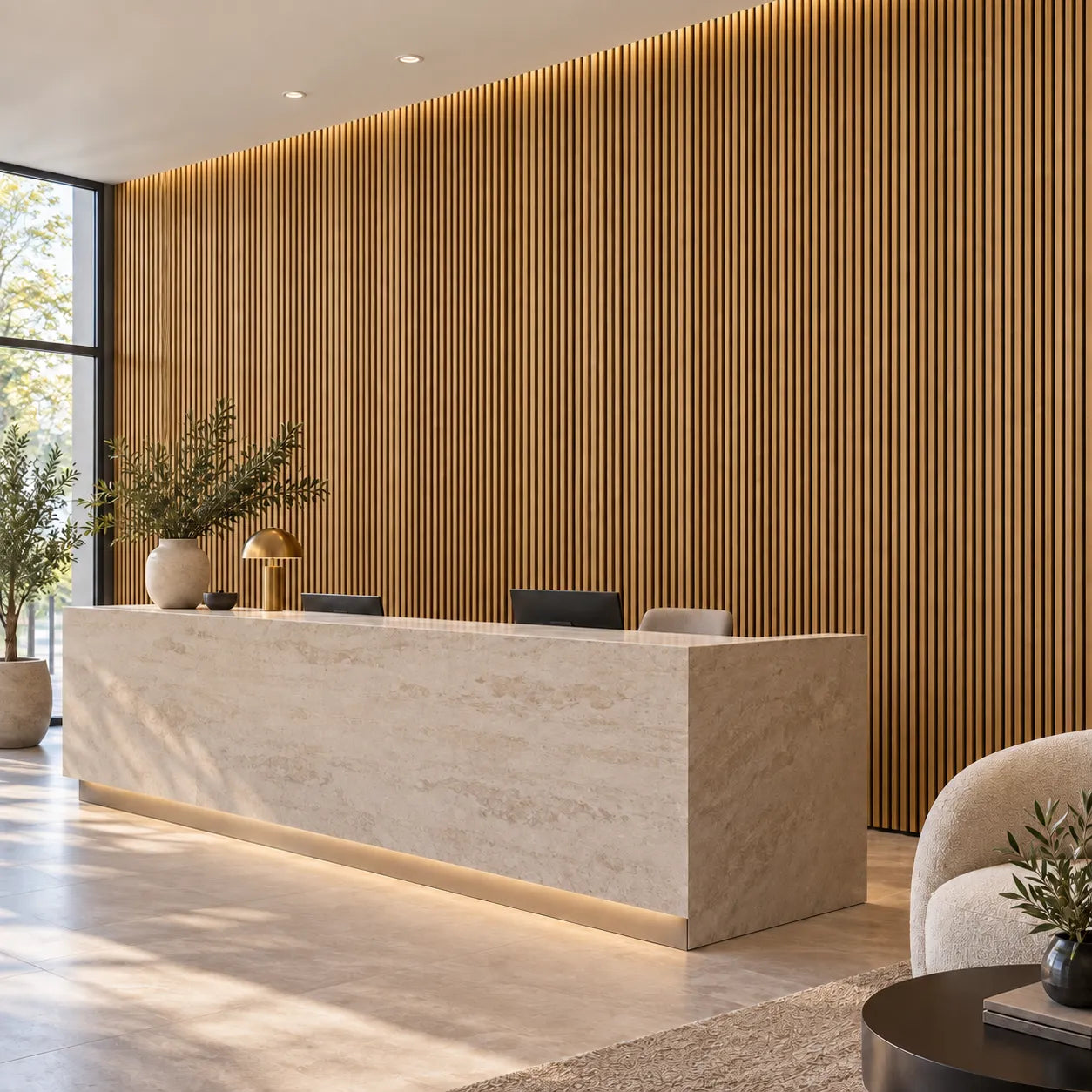 Angled view of oak finish acoustic slat panels behind a stone hotel reception desk