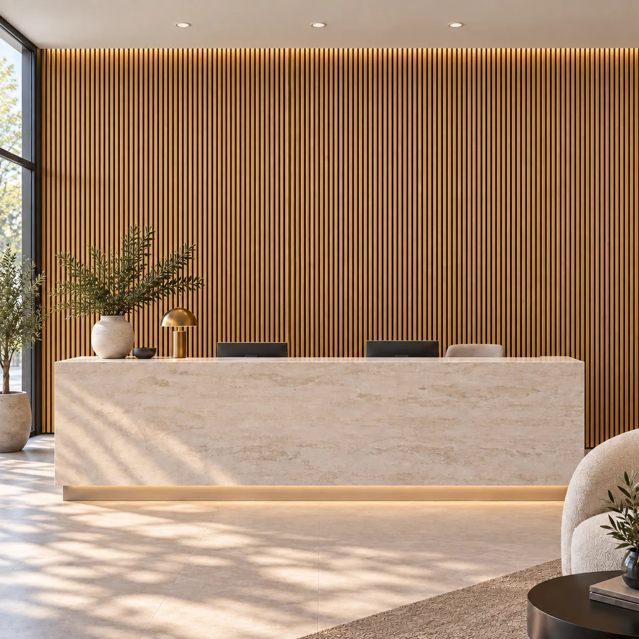 Front view of a hotel reception with vertical oak finish acoustic slat panels and warm lighting