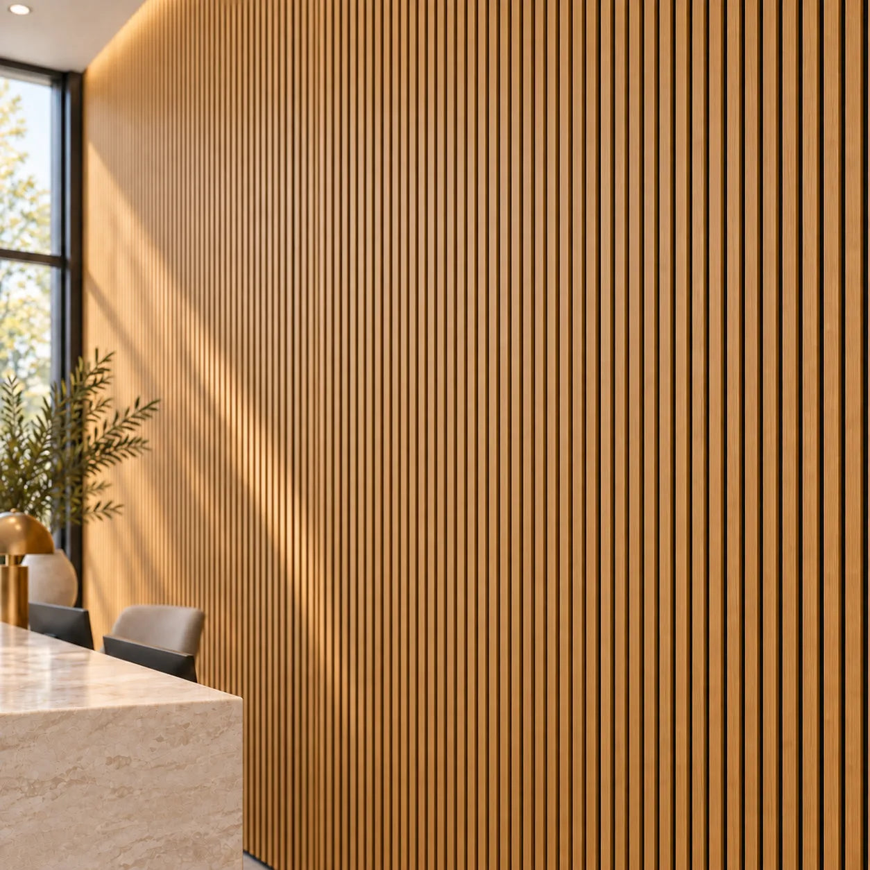 Close view of narrow oak finish wall slats with black felt backing beside a hotel reception desk