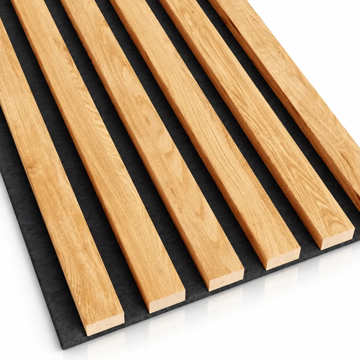 Full length acoustic wall panel with six oak finish slats on black felt, shown diagonally on white