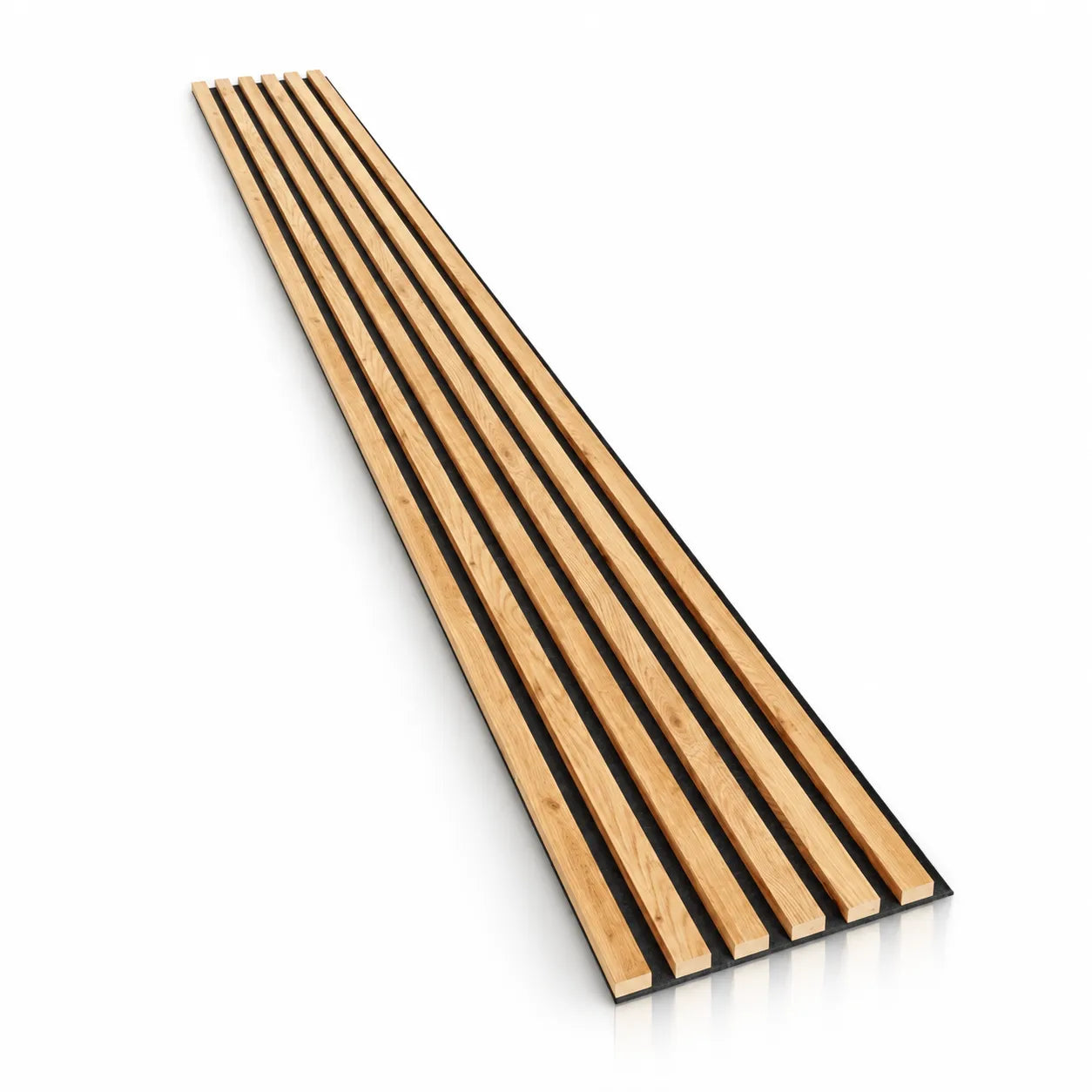 Detail of oak finish MDF slats showing wood grain, rectangular edges and black felt backing
