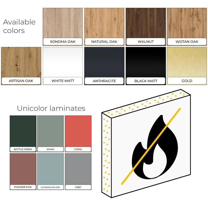 Colour chart for flame retardant wall slats showing wood finishes, solid colours and gold