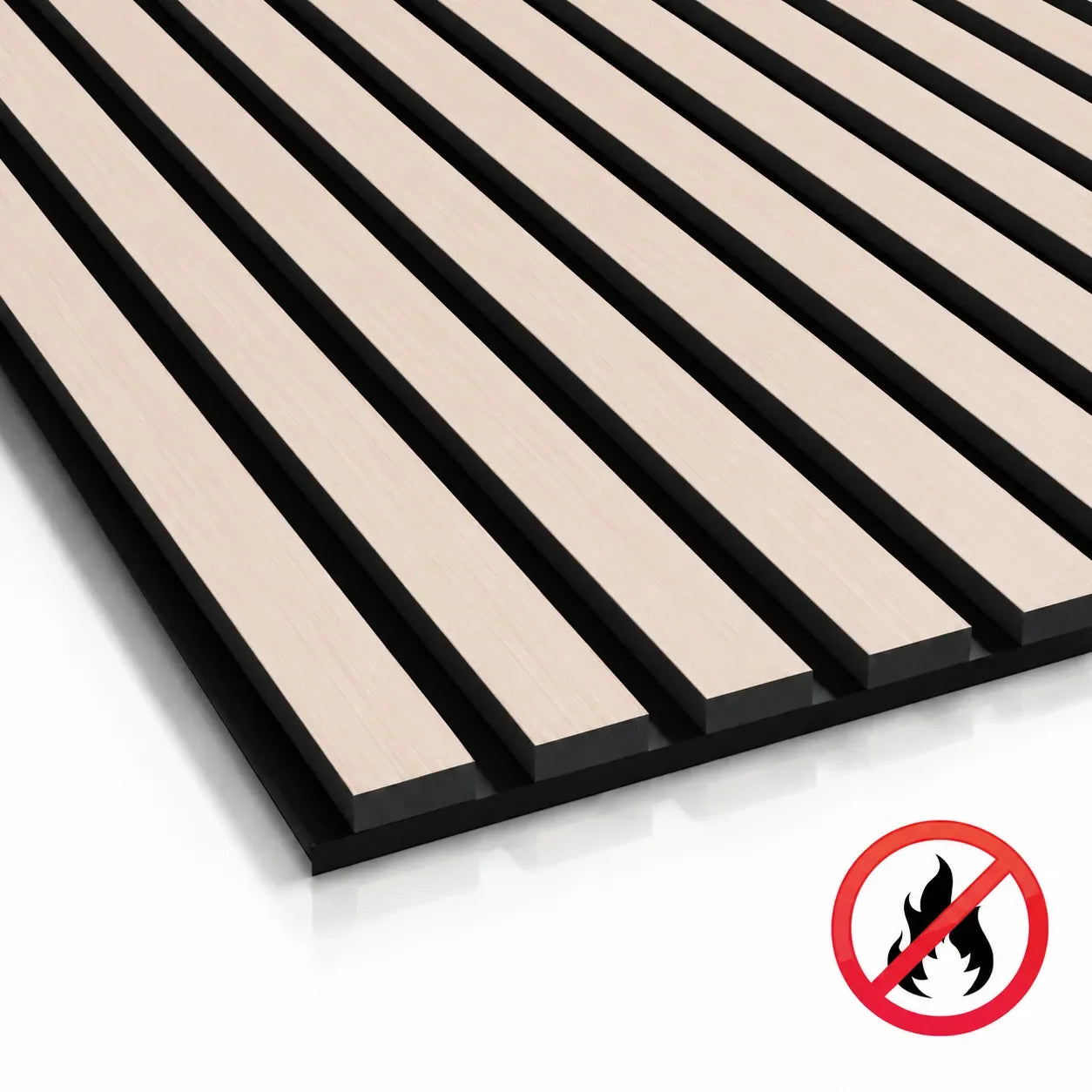 Close-up of bleached oak acoustic slat wall panel with light wood-effect slats on a black backing