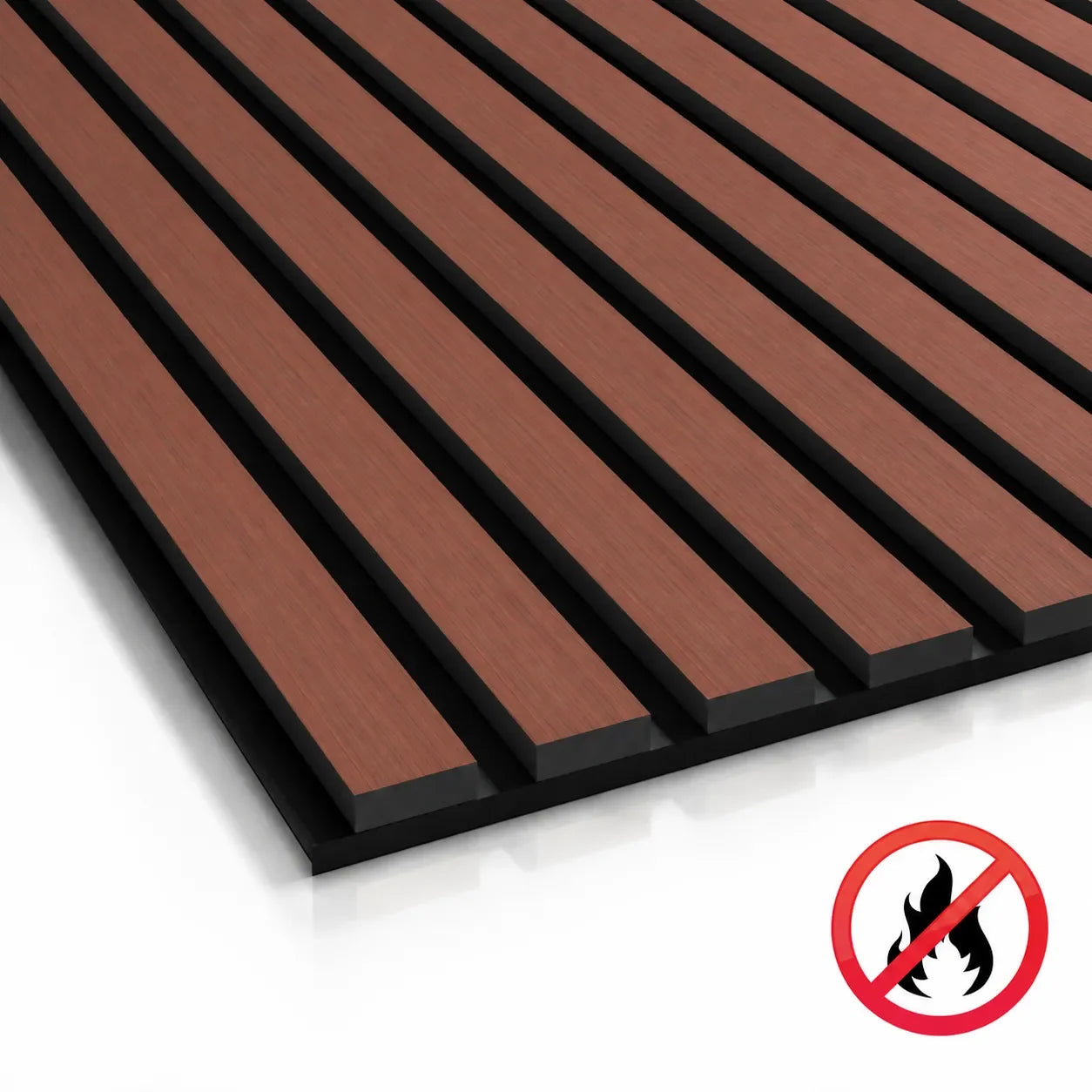 Fire Rated Veneered Slat Panels in Mahogany with black acoustic felt
