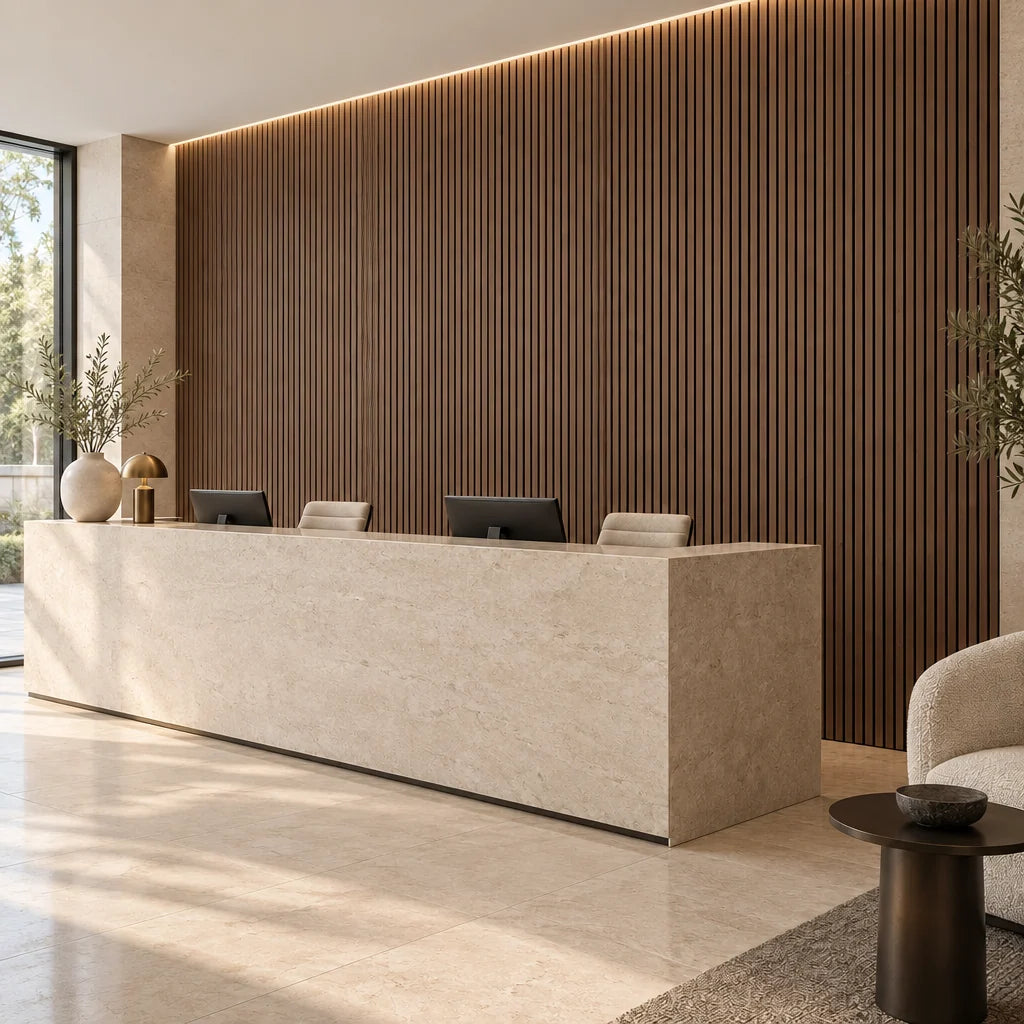 Walnut fire rated acoustic slat panels behind modern reception desk