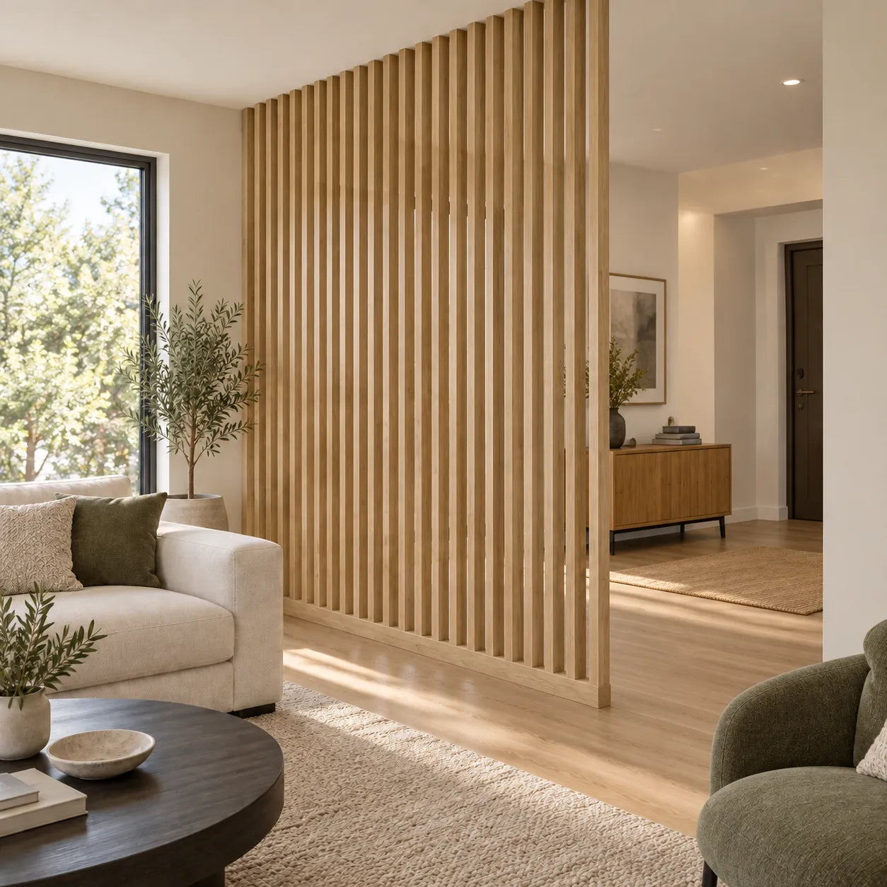 Fire Rated straight slatted wall in a modern living room