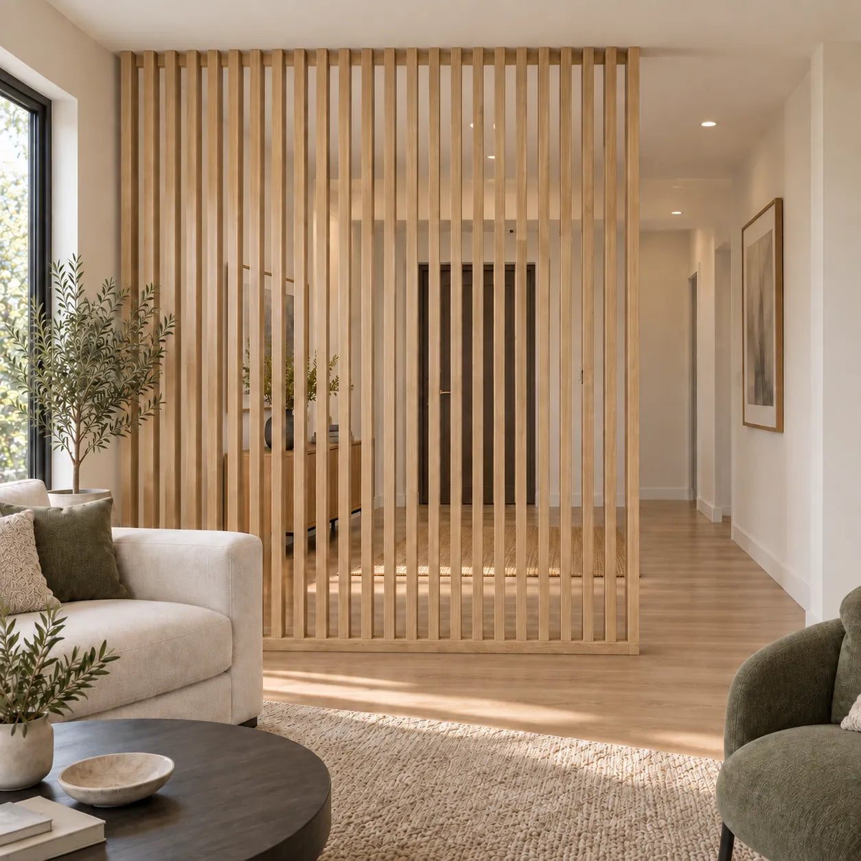 Front view of fire rated slatted room divider in natural oak