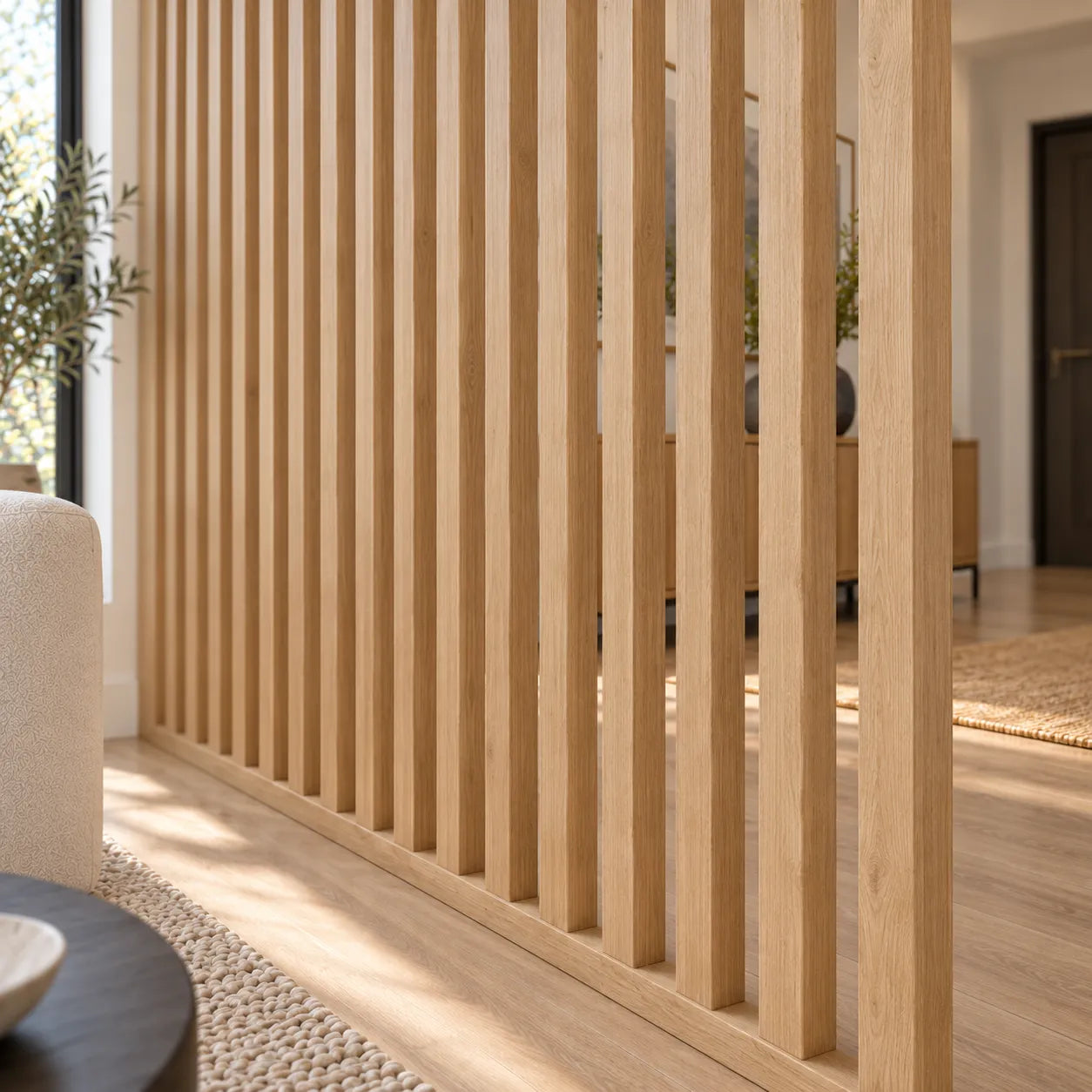 Close-up of fire rated MDF straight slats in natural oak