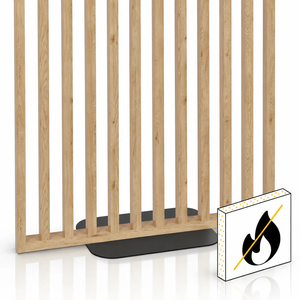Natural oak fire rated slatted room divider on a base