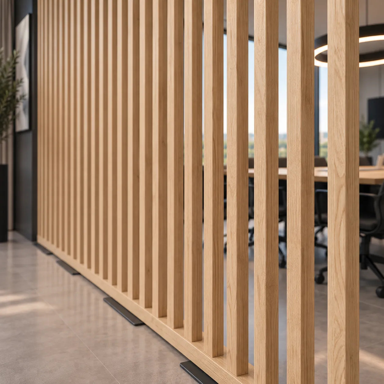 Fire rated slatted wall on a base in natural oak – close-up