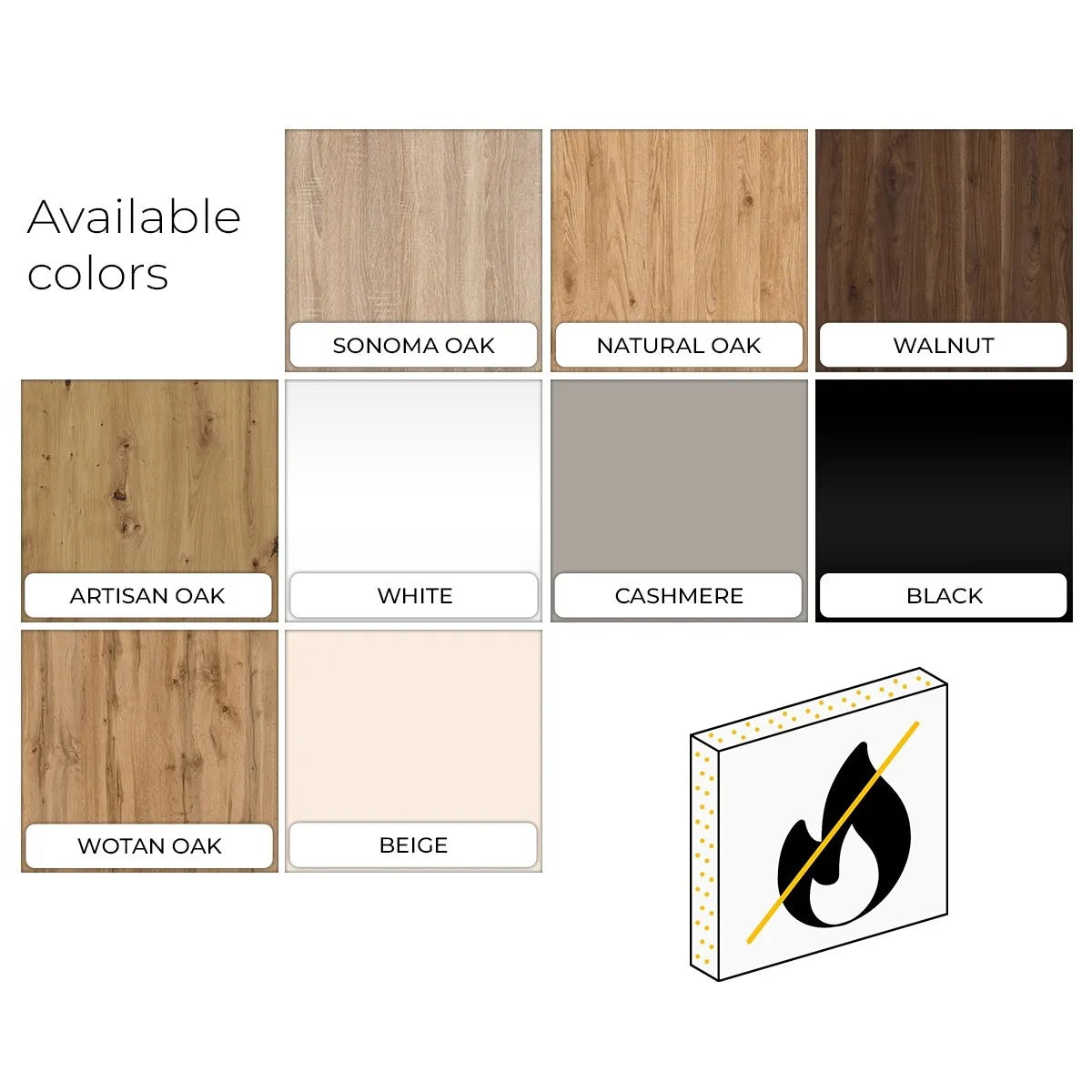 Fire rated slatted wall colour options – oak, walnut, white, cashmere and black