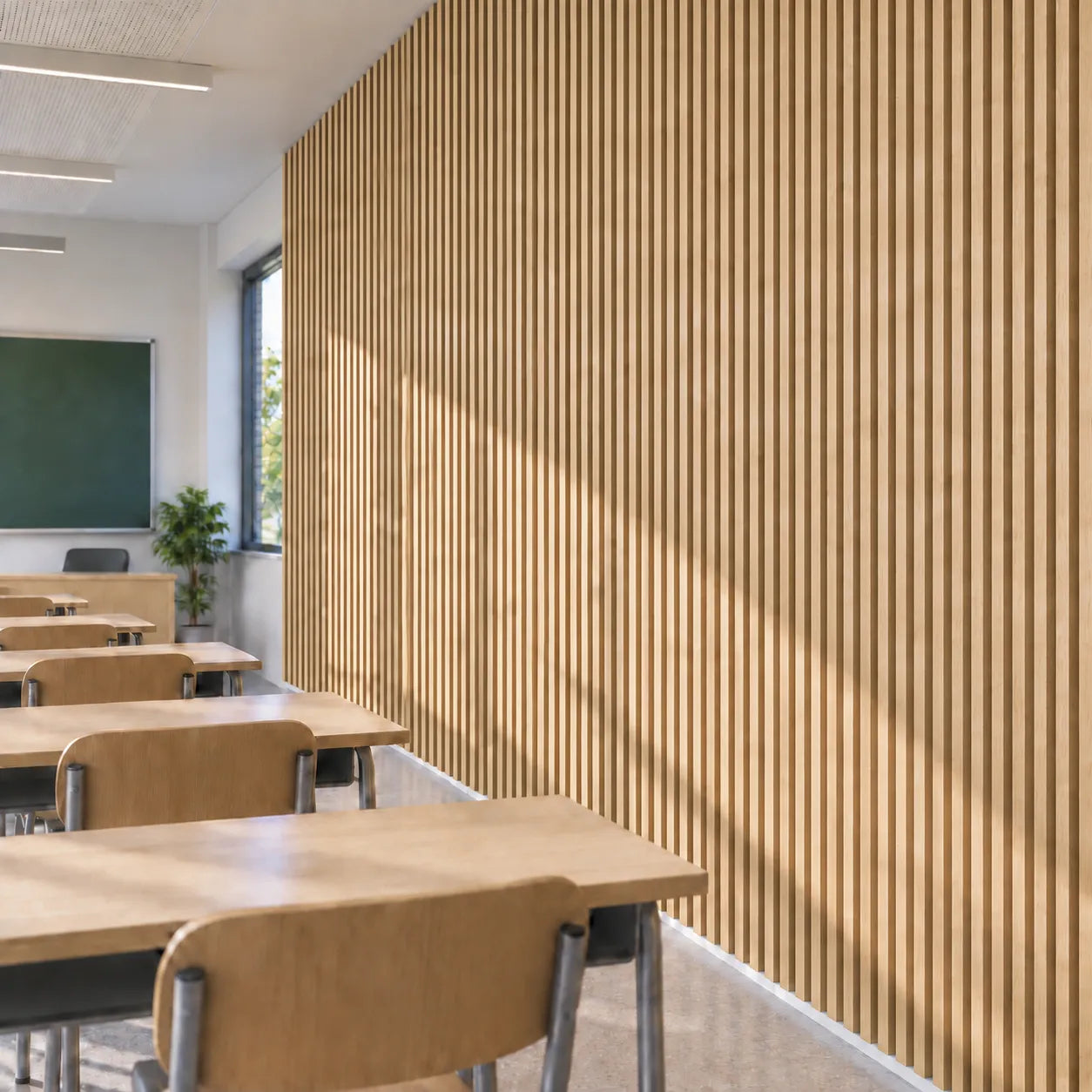 Flame retardant MDF wall laths in a bright educational interior