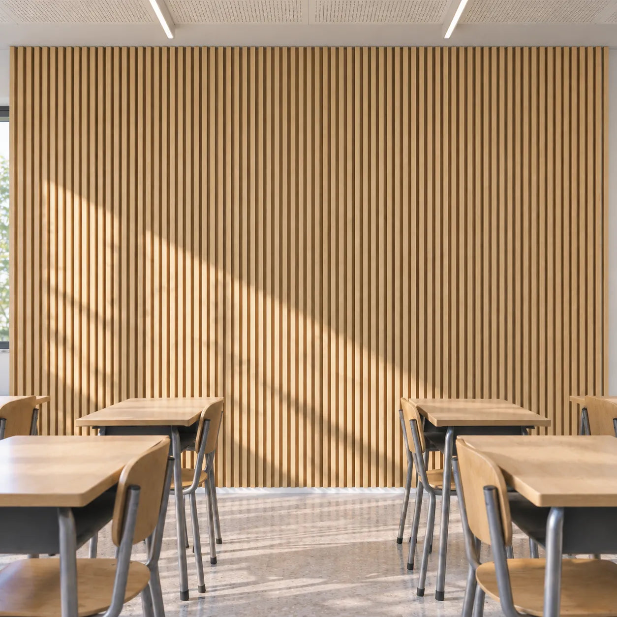 Flame retardant MDF laths installed in a modern classroom