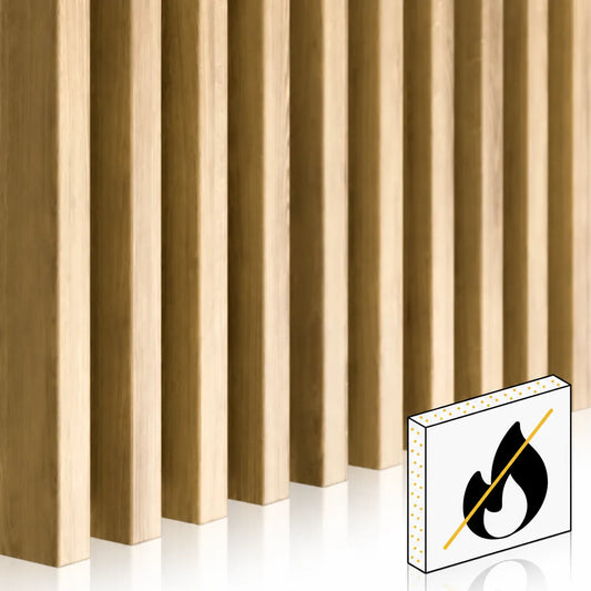 Ribble flame retardant MDF laths in a light oak finish with a flame retardant symbol