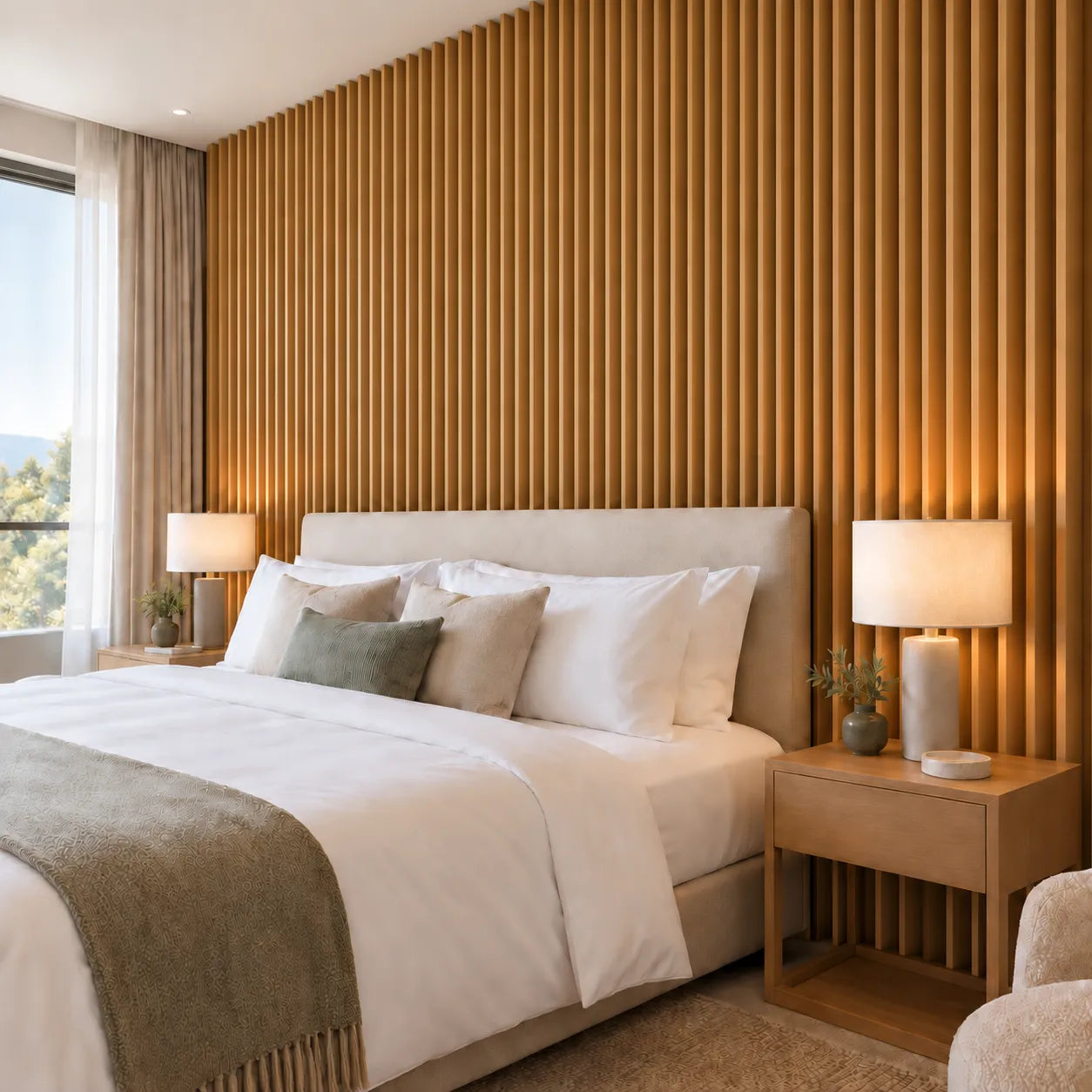 Angled view of vertical oak finish Ribble wall slats behind an upholstered bed in a hotel room
