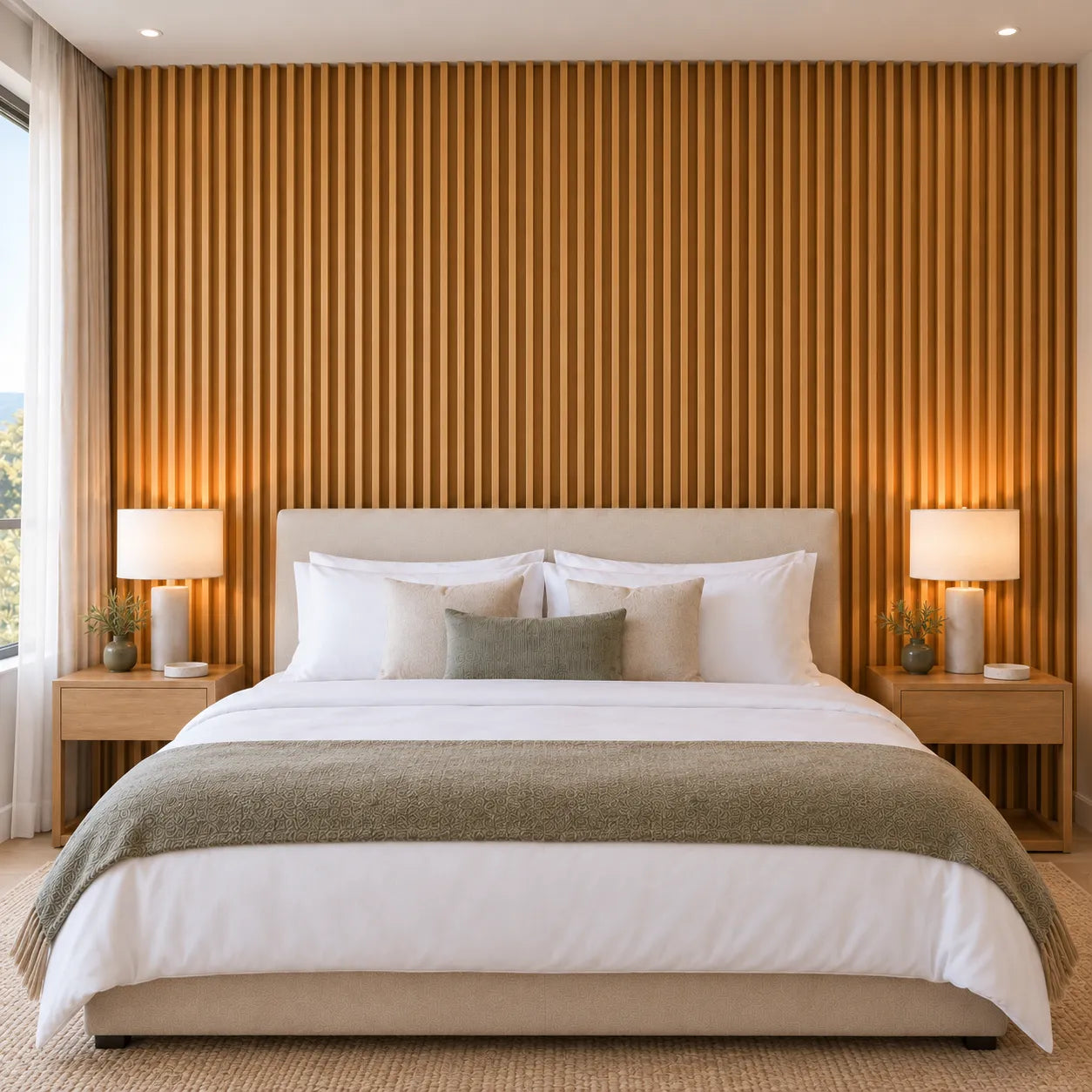 Front view of oak finish Ribble MDF wall slats behind a hotel bed with matching bedside lamps