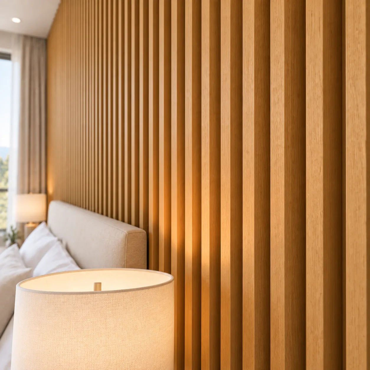 Close up of oak finish Ribble wall slats showing wood grain and deep rectangular profiles beside a bedside lamp