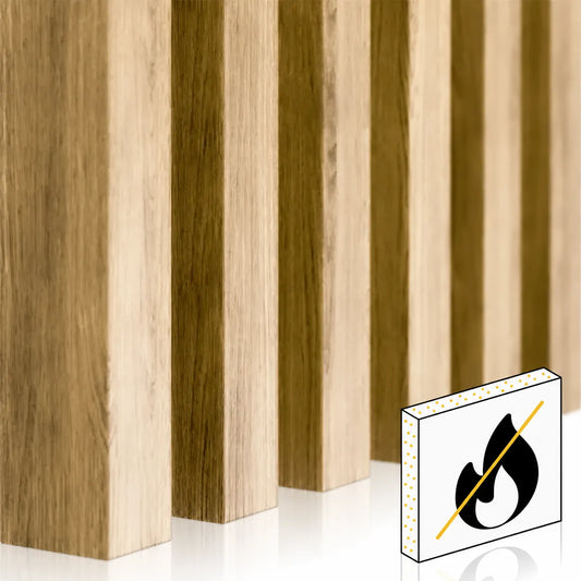 Standard flame retardant slats in oak finish with visible wood grain and fire resistance symbol on a white background.