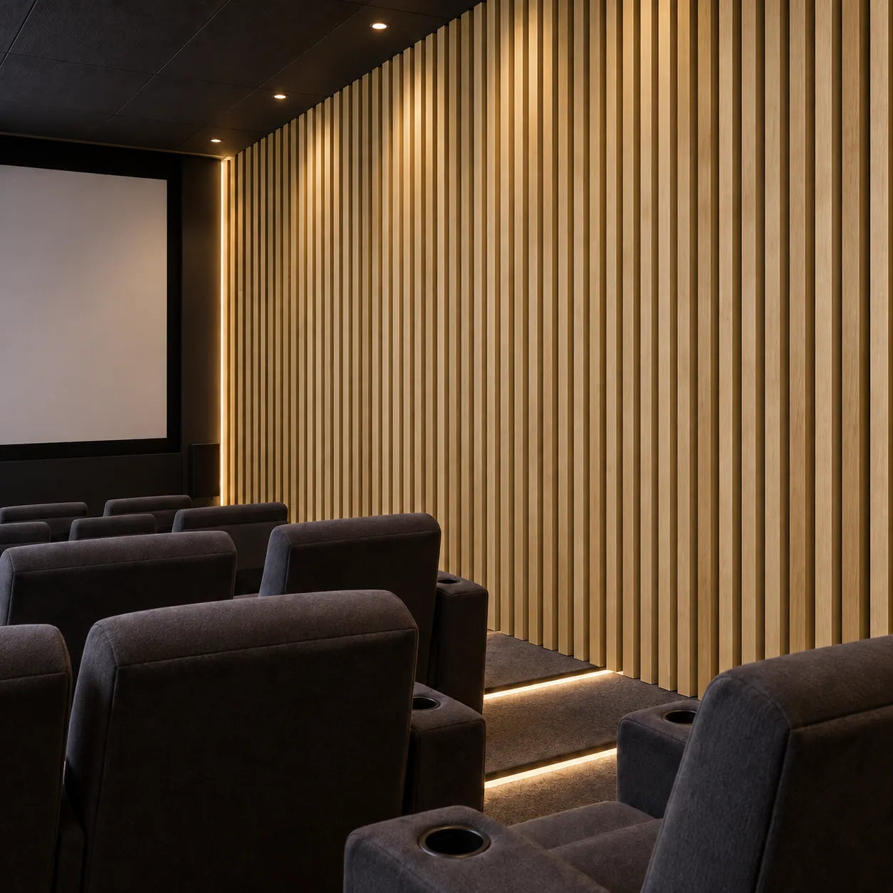 Standard flame retardant slats in oak finish covering a cinema side wall beside dark seating and illuminated steps
