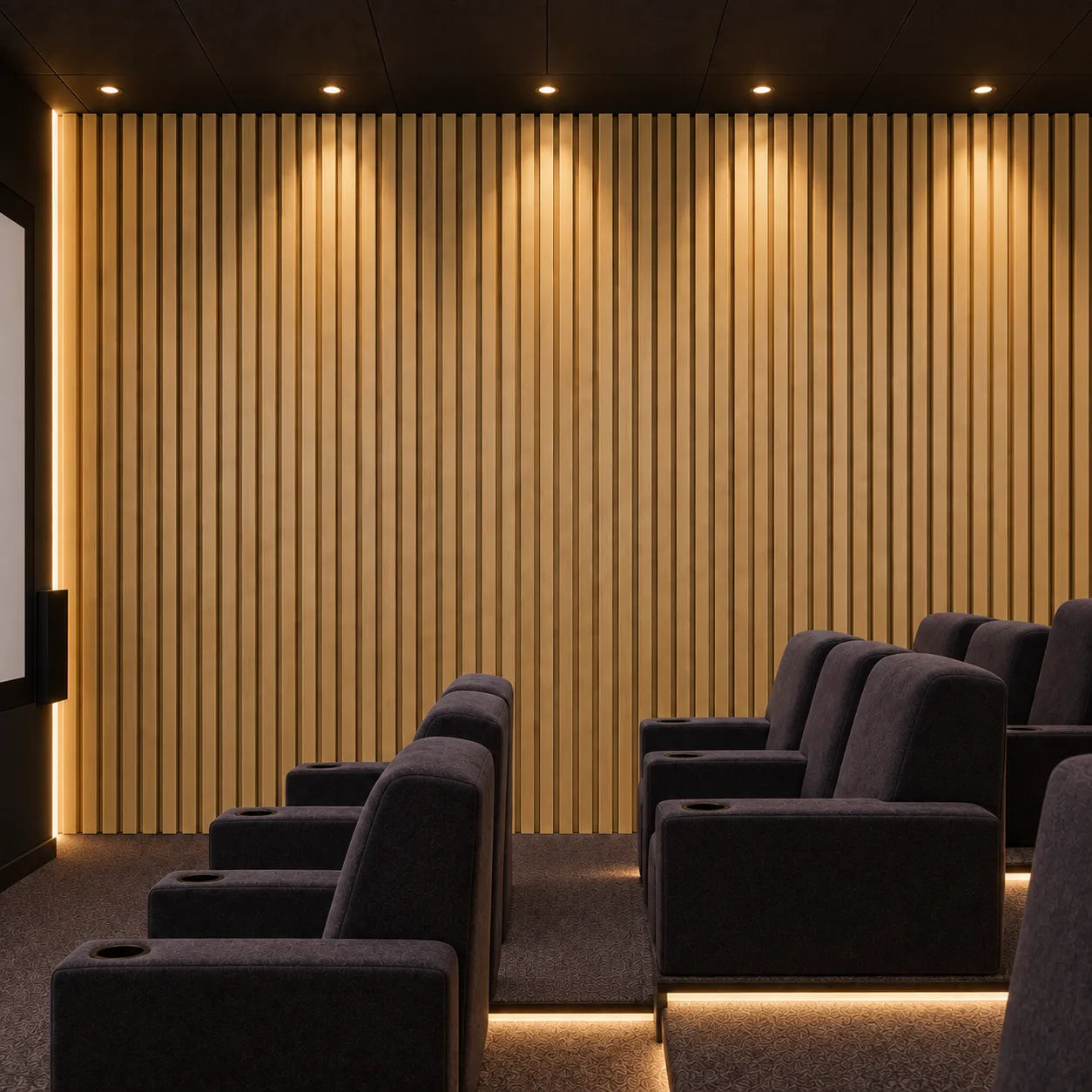 Vertical oak finish flame retardant slats on a cinema wall beside dark upholstered seats and warm lighting