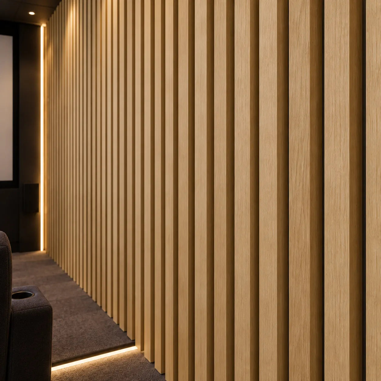 Angled close up of oak finish flame retardant wall slats showing wood grain and spacing in a cinema