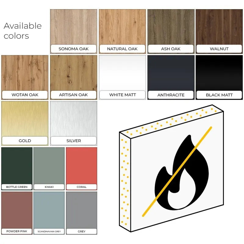 Colour chart for Standard flame retardant slats showing wood finishes, solid colours and metallic options