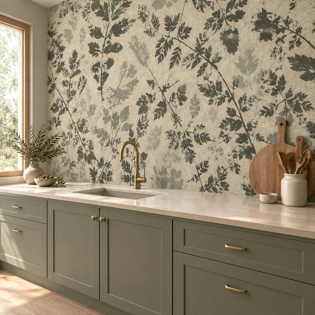 Angled view of Grey Forest wall panels above sage green kitchen cabinets with a cream worktop and brass tap