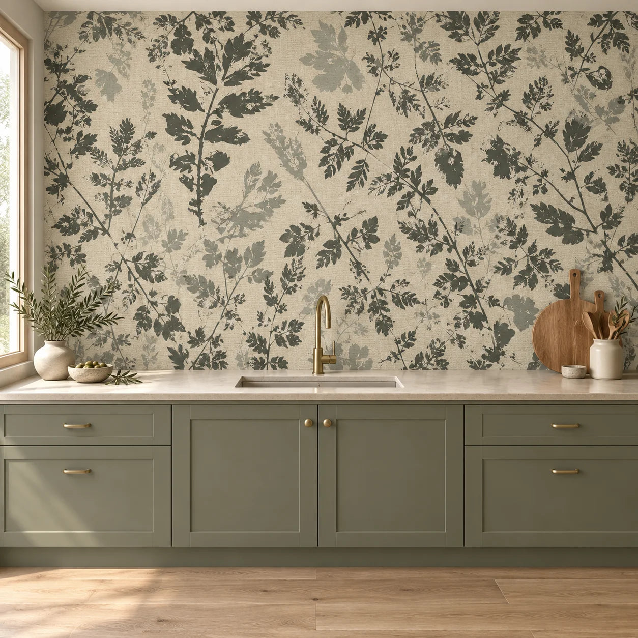 Front view of Grey Forest botanical feature wall behind a kitchen sink with sage green cabinets and brass handles