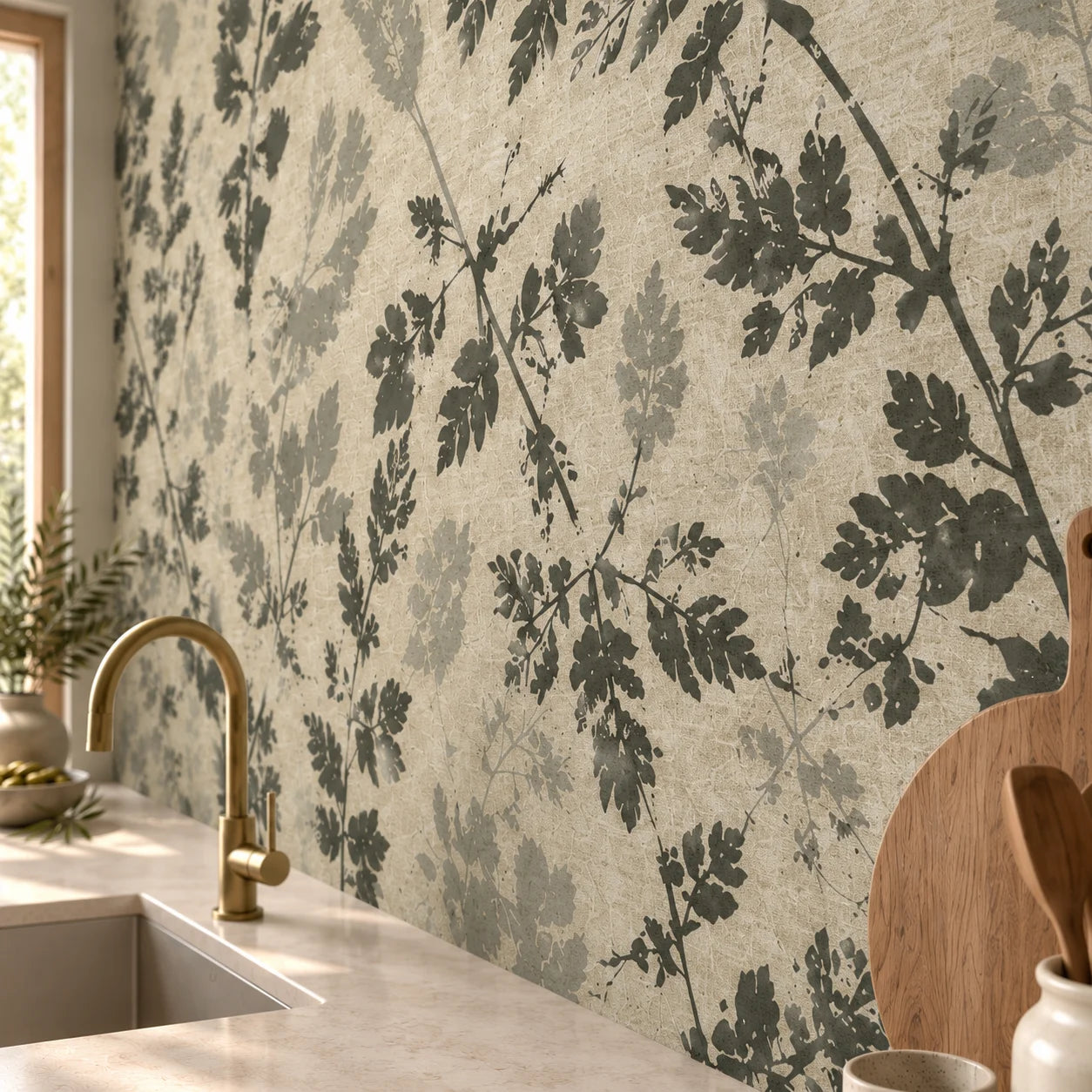 Close view of Grey Forest wall panels showing detailed grey foliage and a textured cream background beside a brass kitchen tap