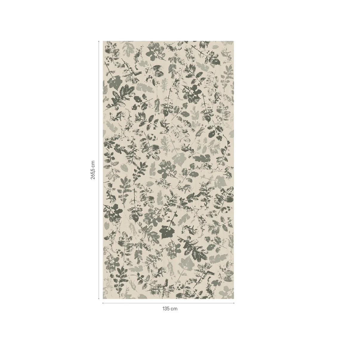 Grey Forest botanical pattern layout with grey leaves and branches, measuring 135 cm wide and 265.5 cm high