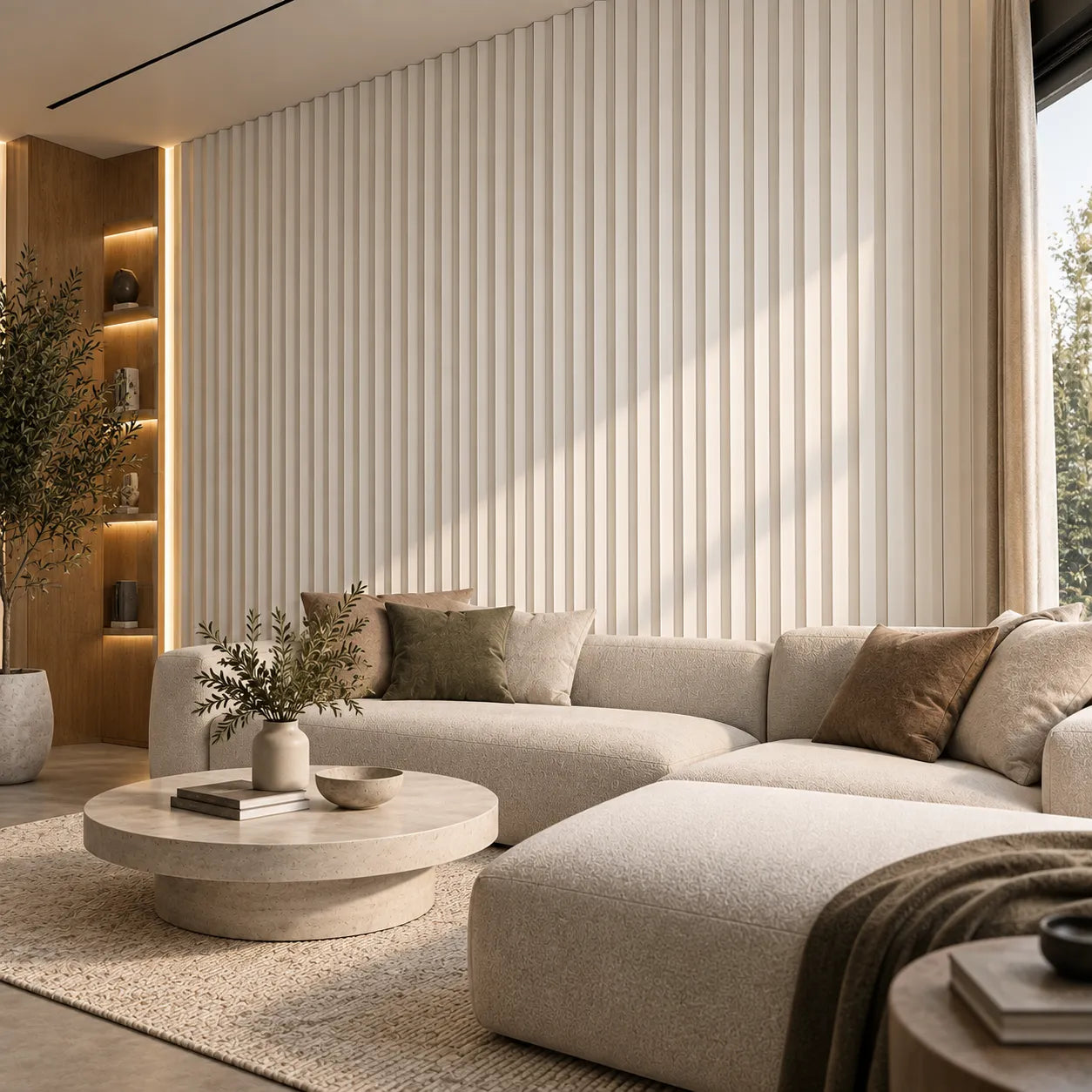 Fluted Arrow Gypsum 3D Wall Panels – 45 Degree Living Room Interior View