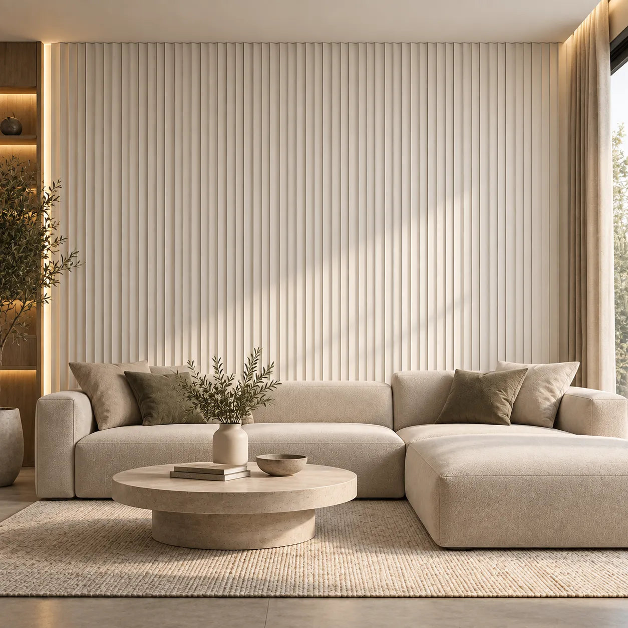 Fluted Arrow Gypsum 3D Wall Panels – Front View in Modern Living Room