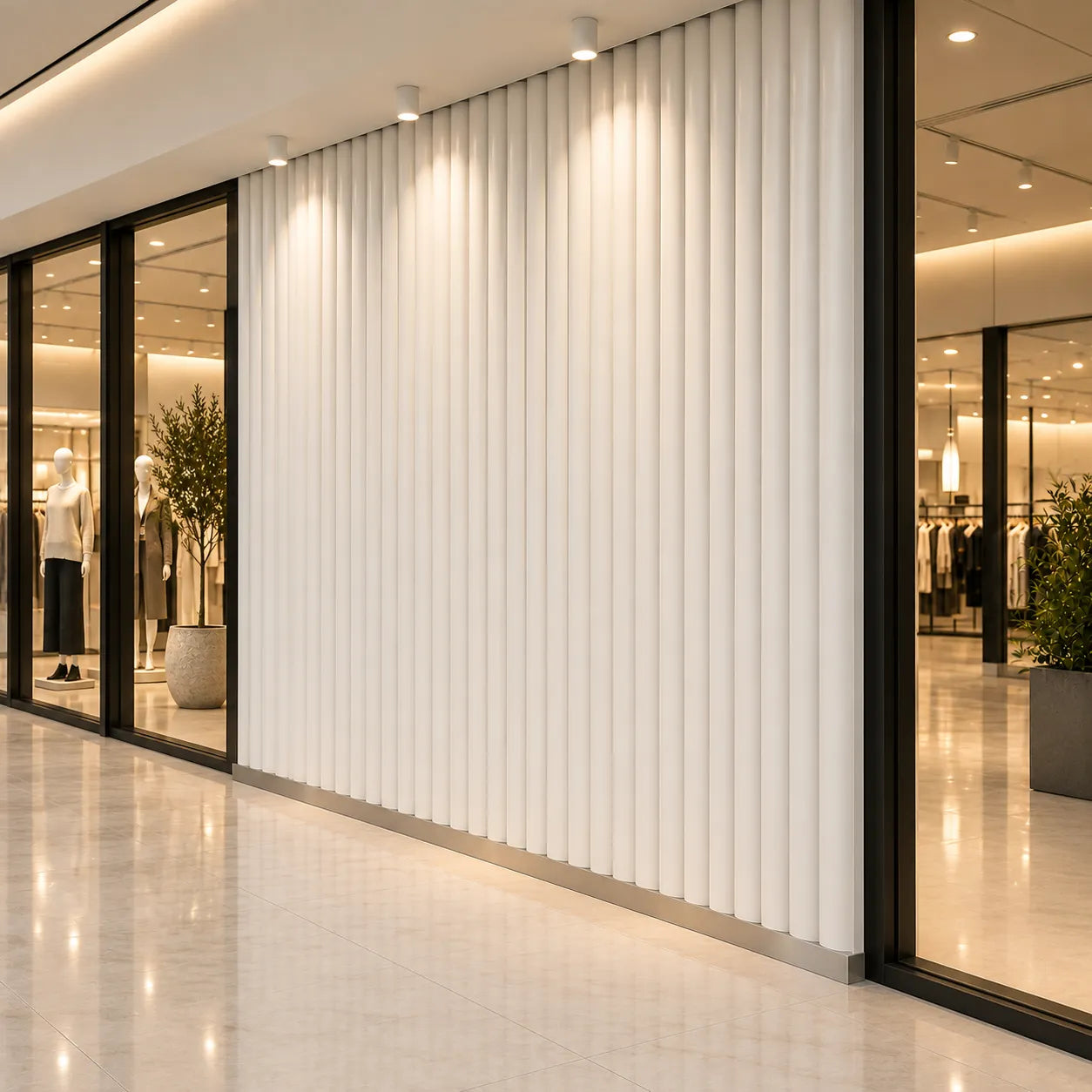 Fluted Bamboo Gypsum 3D Wall Panels – 45 Degree Shopping Mall Interior View
