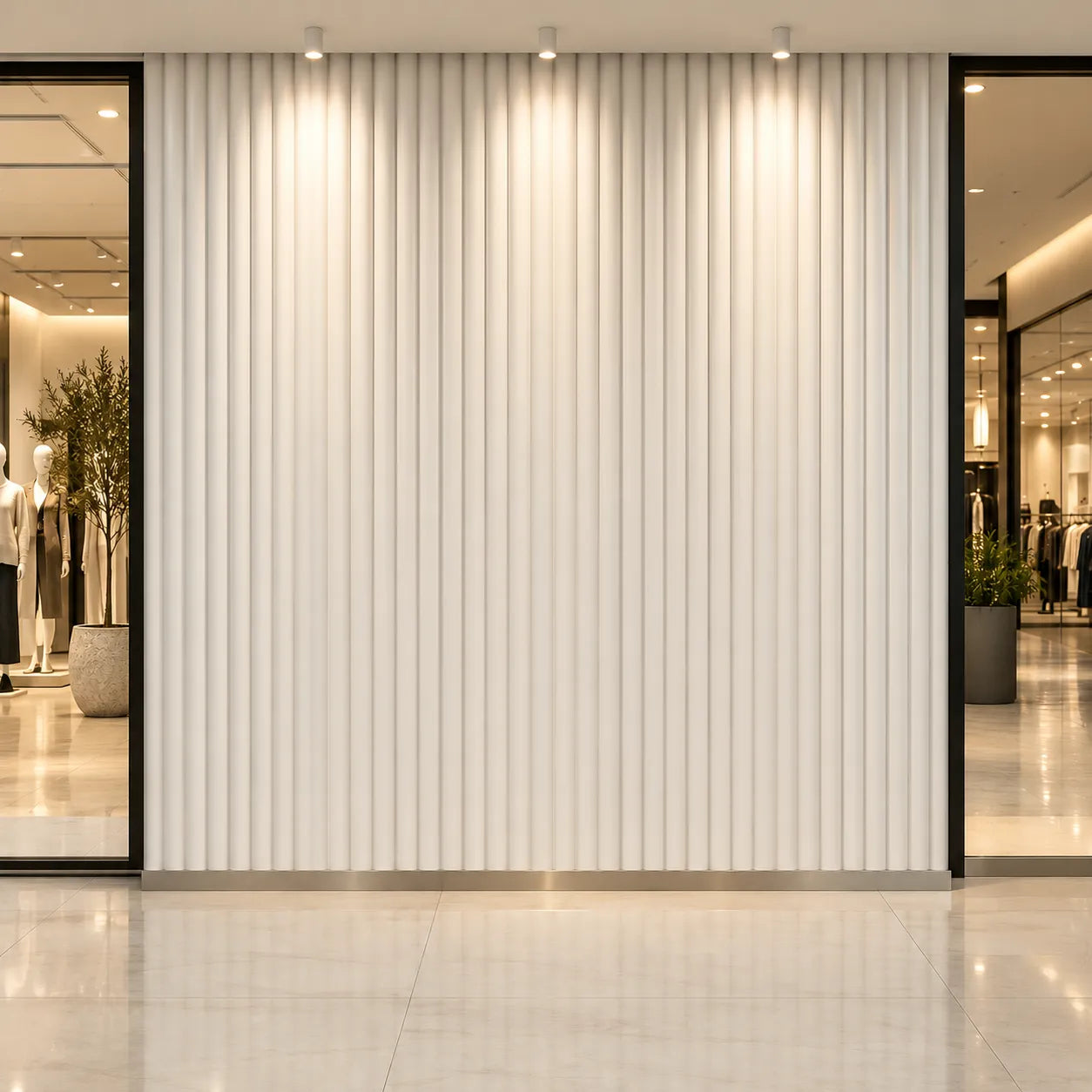 Fluted Bamboo Gypsum 3D Wall Panels – 45 Degree Shopping Mall Interior View