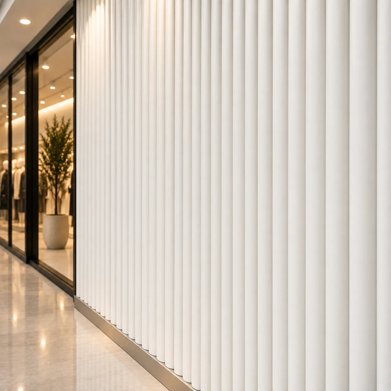 Fluted Bamboo Gypsum 3D Wall Panels – Close-Up 45 Degree Interior View