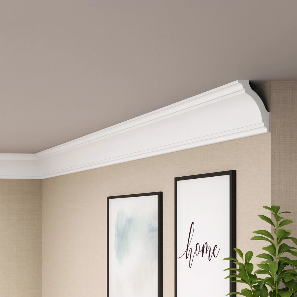 NOMASTYL® NMC 2m Ceiling Coving on plain wall and ceiling with posters Decormania UK