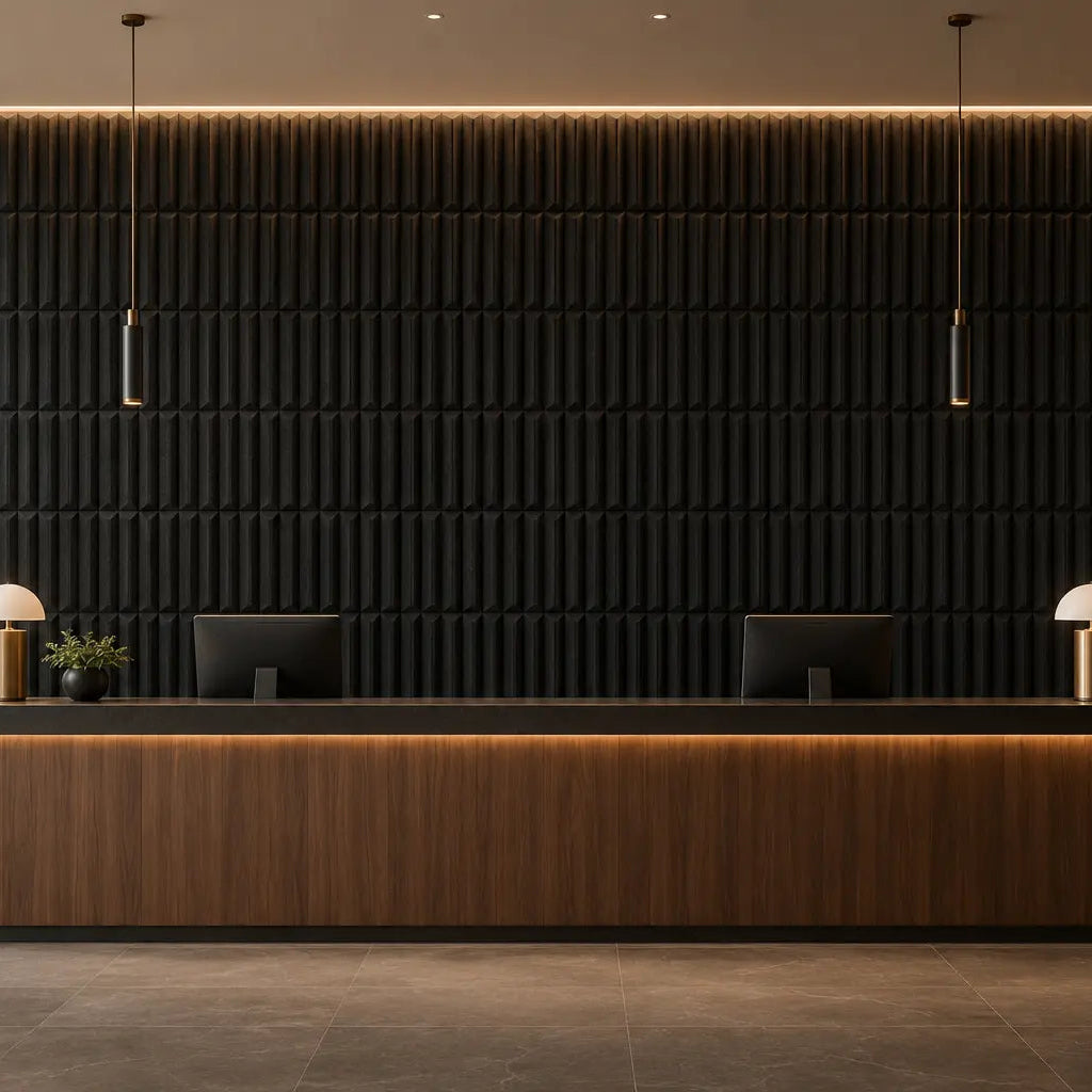Black grove 3d panels in hotel recepction front view