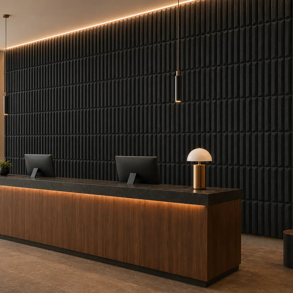 Black grove 3d panels in hotel recepction side view