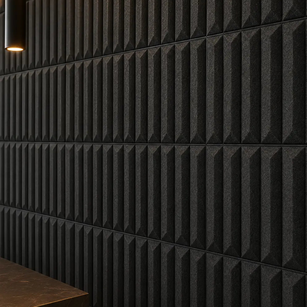 Black grove 3d panels in hotel recepction close up view