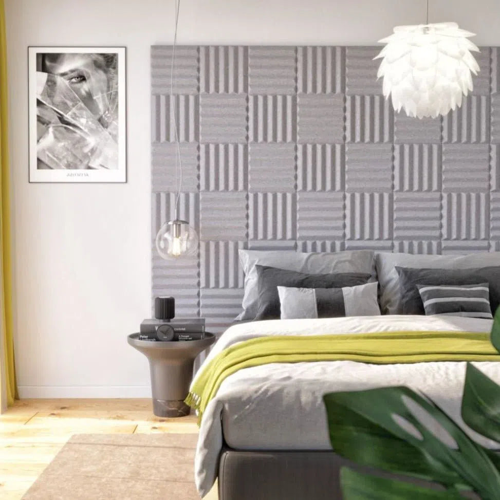 GROVE 3D Acoustic Felt Wall Panels in bedroom interior GREY Multipack Decormania UK