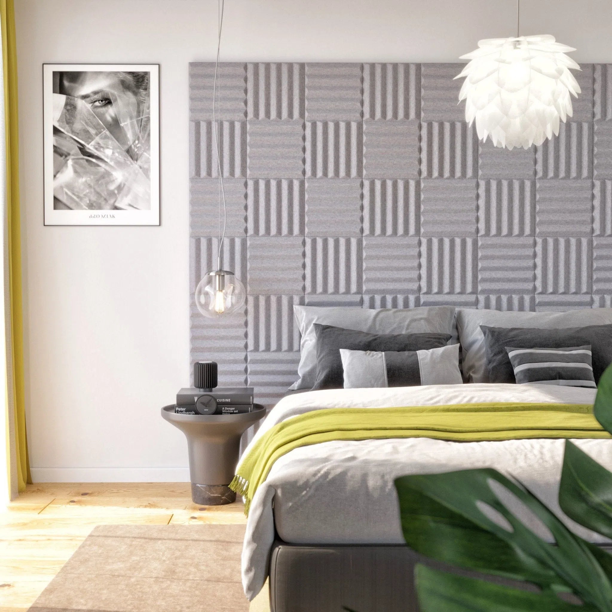 GROVE 3D Acoustic Felt Wall Panels in bedroom interior GREY Multipack Decormania UK