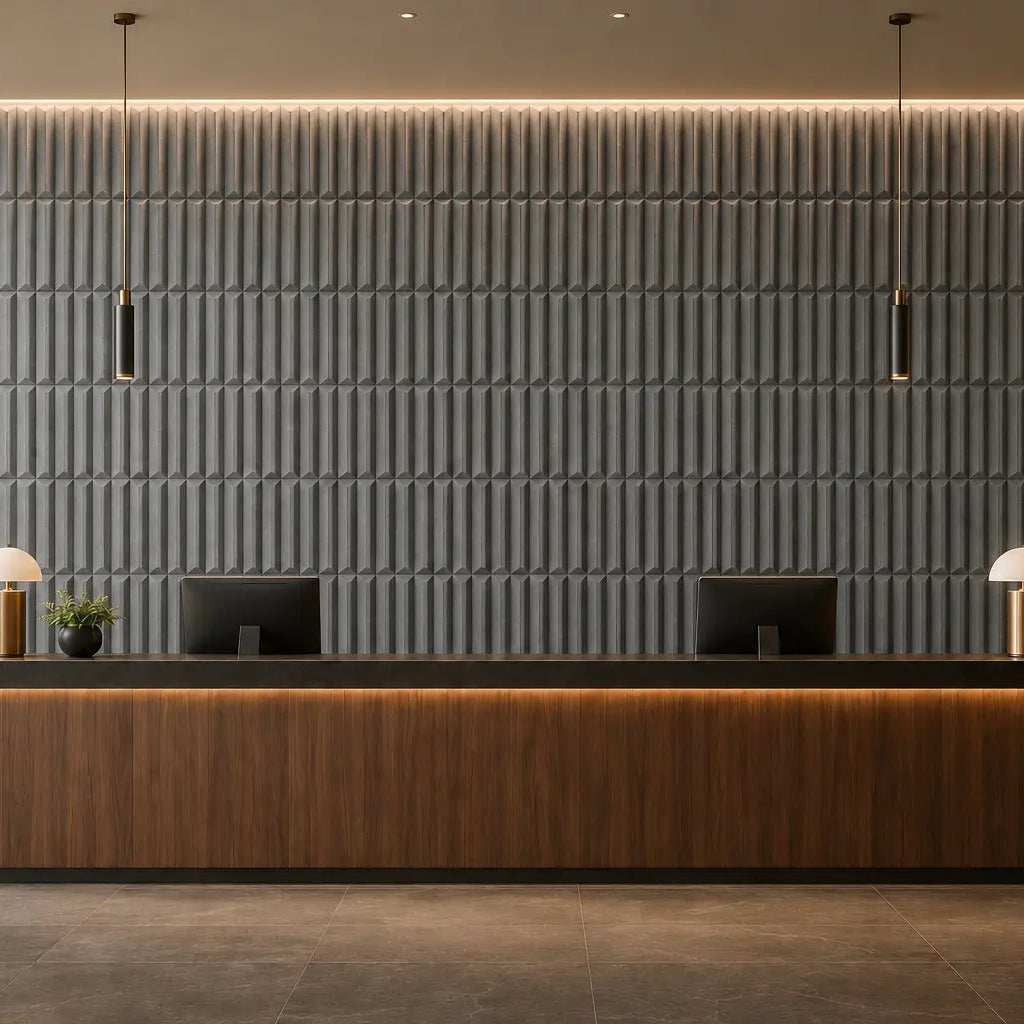 Modern reception interior featuring grey GROVE 3D acoustic felt wall panels, a wooden reception desk and warm ambient lighting
