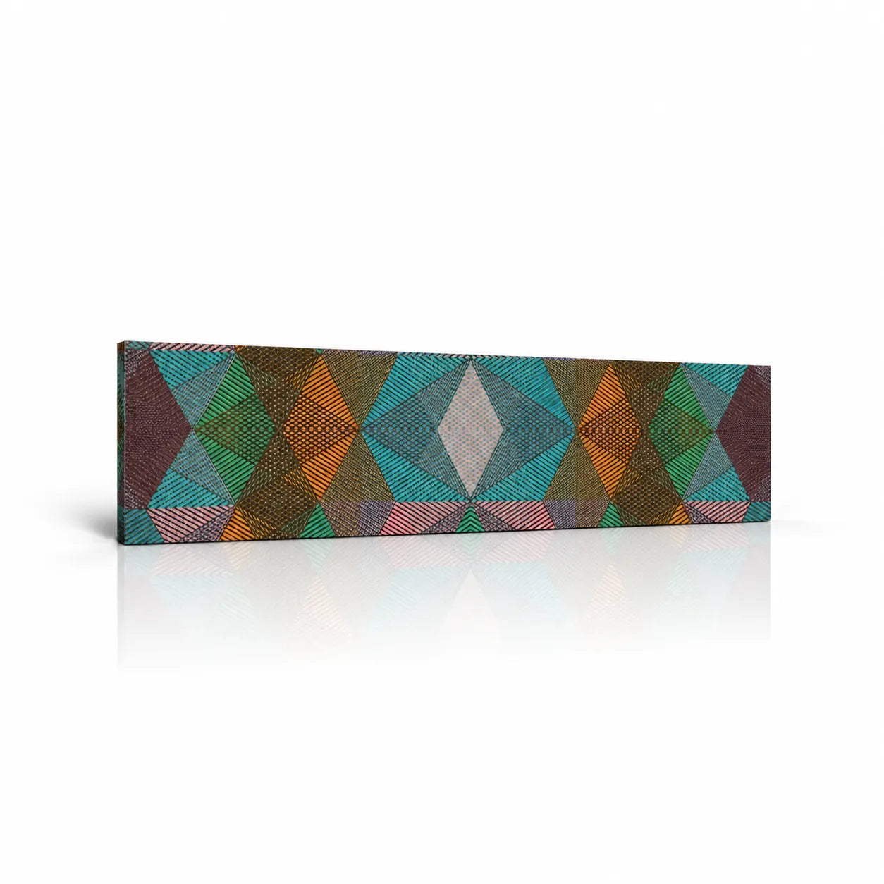 Cafe decorative wall panel with turquoise, green, pink and ochre diamond patterns on a white background with a soft reflection