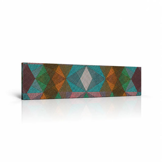 Cafe decorative wall panel with turquoise, green, pink and ochre diamond patterns on a white background with a soft reflection