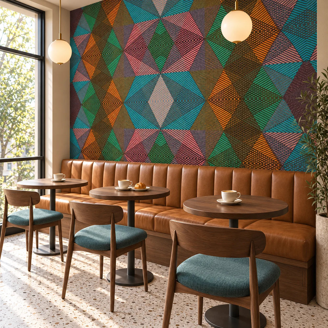 Angled view of Cafe geometric wall panels above tan bench seating and wooden tables in a café with globe pendant lights