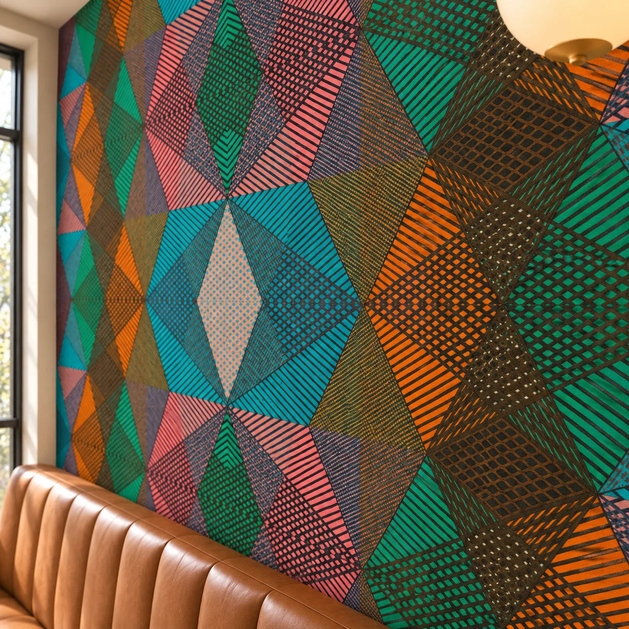 Close view of Cafe wall panels showing overlapping diamonds and intricate crossing lines above tan bench seating