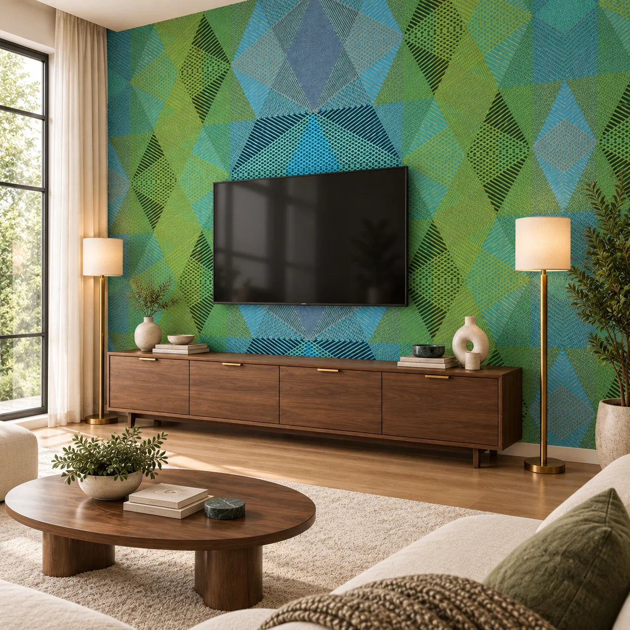 Angled view of Geometric Green wall panels behind a television and wooden cabinet in a living room with brass floor lamps