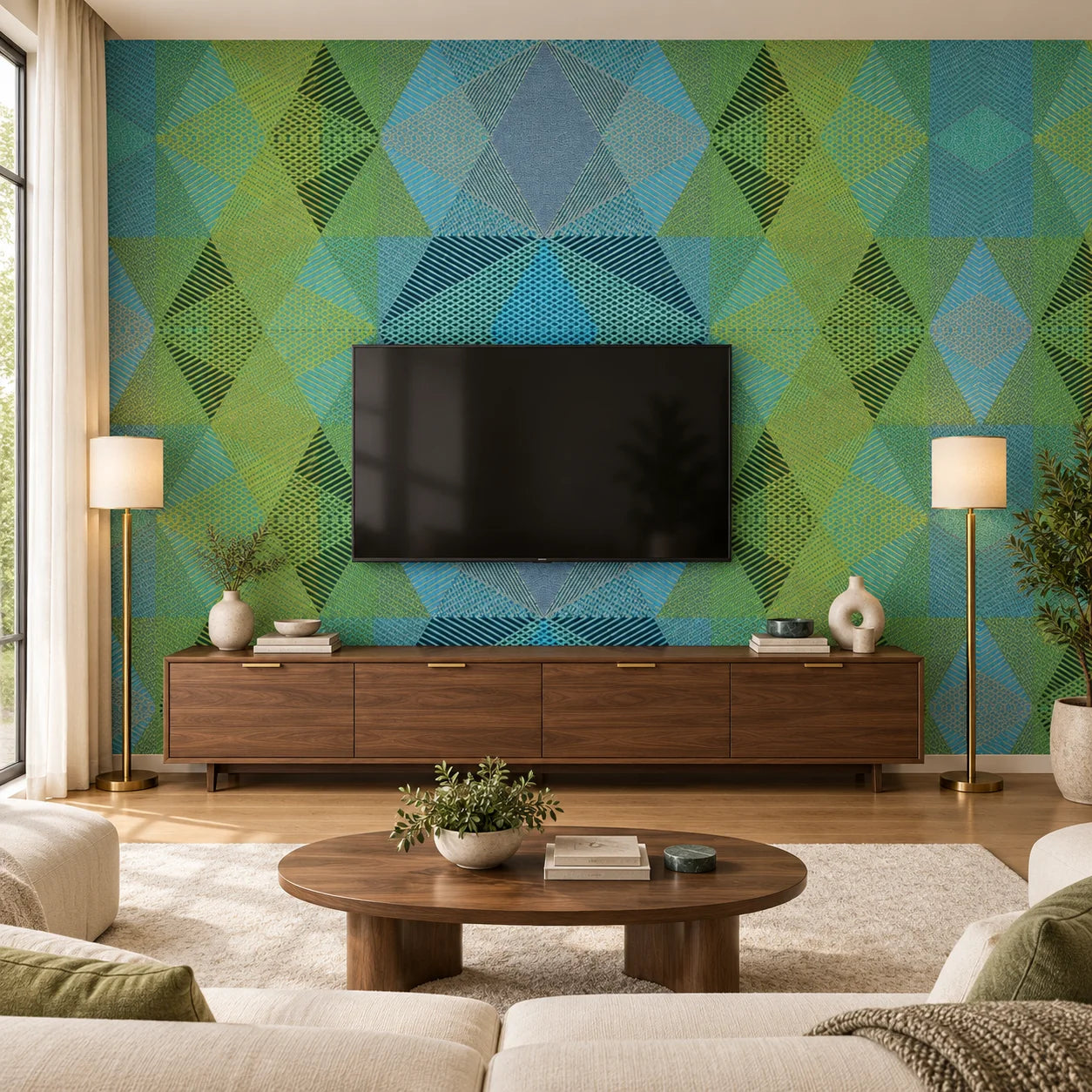 Front view of Geometric Green feature wall with blue and green diamonds behind a television above a wooden cabinet