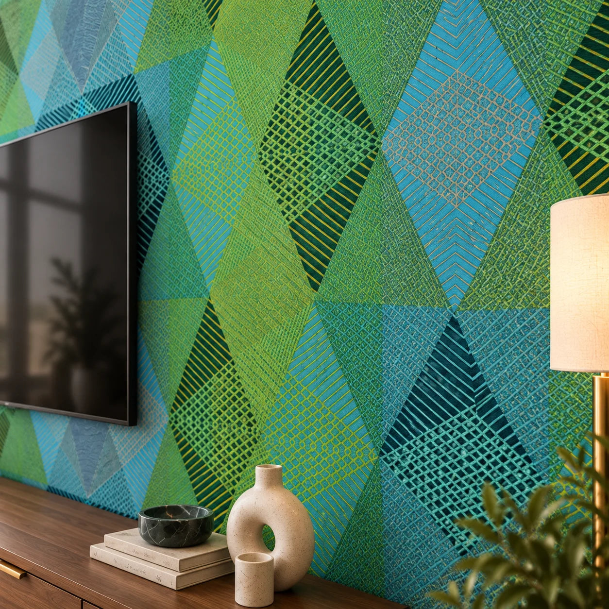 Close view of Geometric Green wall panels showing intricate crossing lines and textured diamond patterns beside a television
