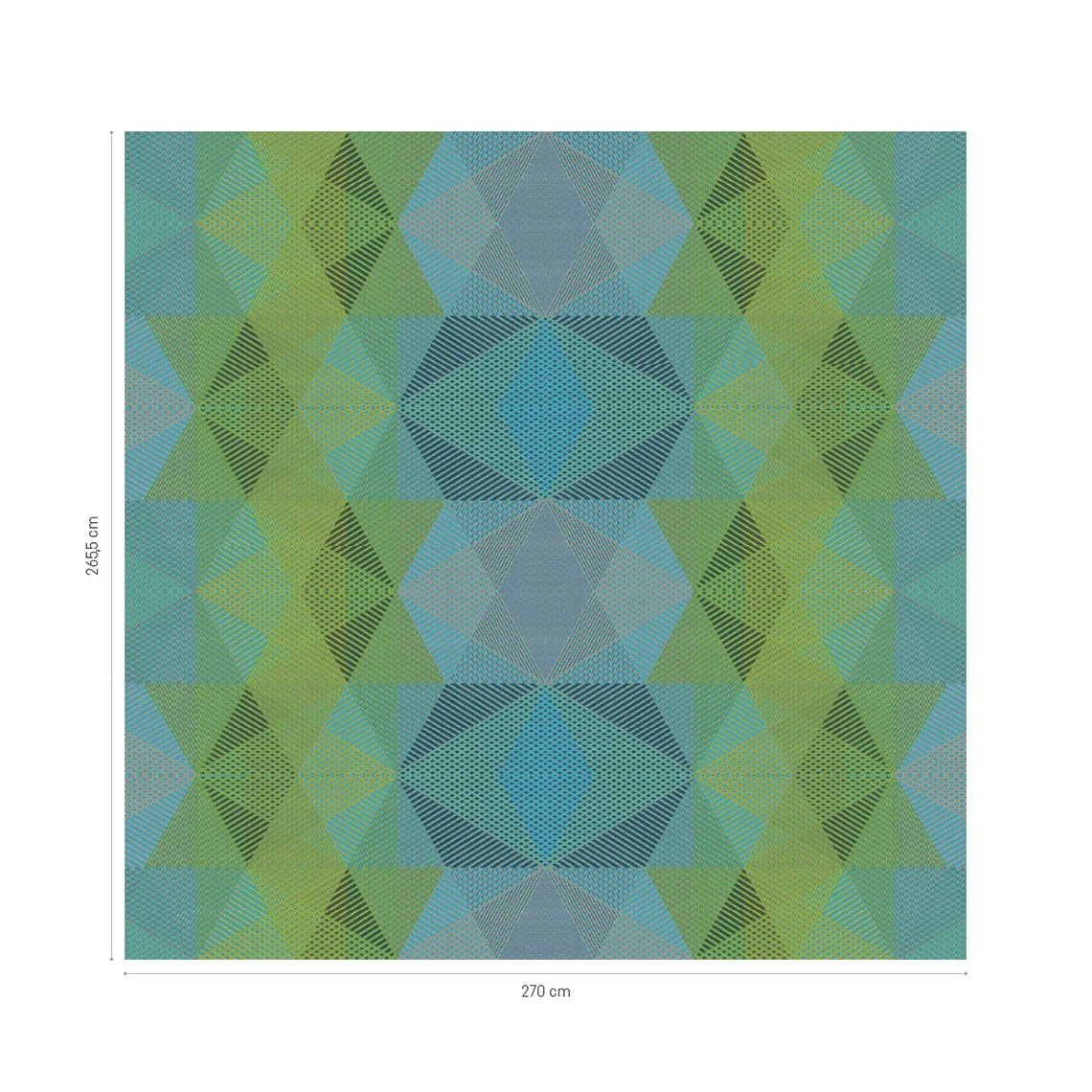 Geometric Green pattern layout with overlapping green and blue diamonds, measuring 270 cm wide and 265.5 cm high